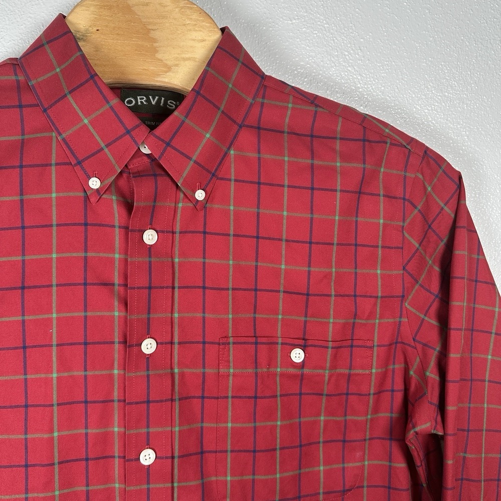 Orvis Trim Fit Wrinkle Free Shirt Sz XL Red Plaid Cotton Button Down Long Sleeve